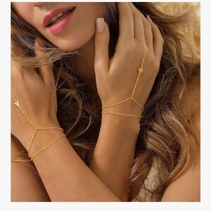 M Mooham NIB  Brass Dainty Initial Hand Chain with Ring Bracelet Select Letters